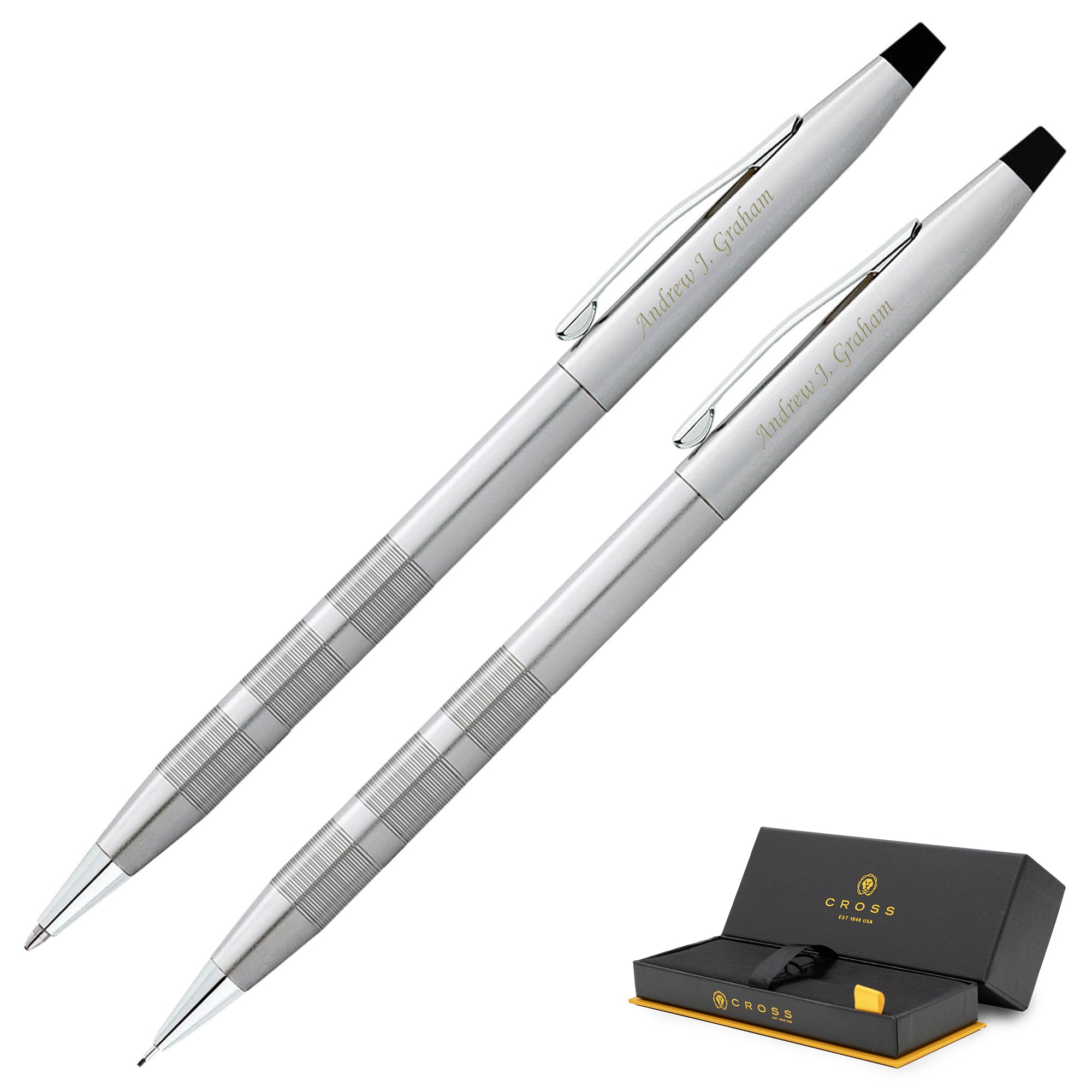 A sleek satin chrome Classic Century Pen and Pencil Set - Satin Chrome, elegantly presented in a gift box.